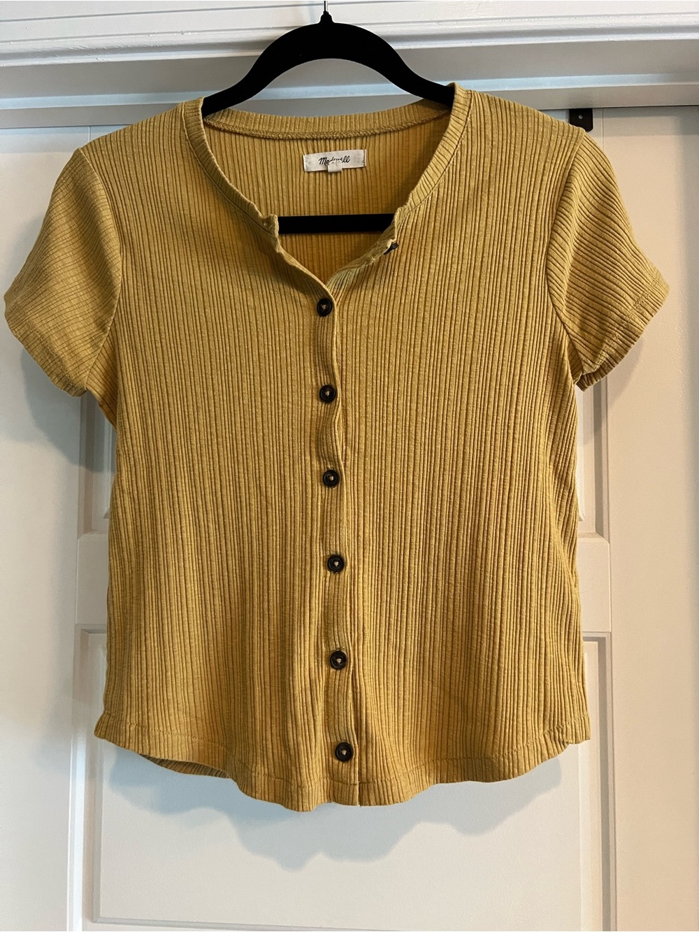 Madewell Mustard Ribbed Button-Front Short Sleeve Top
